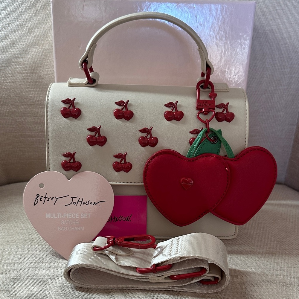 Betsy Johnson Cherry Embellished Cream and Red Handbag with Shoulder strap - Picture 3 of 15